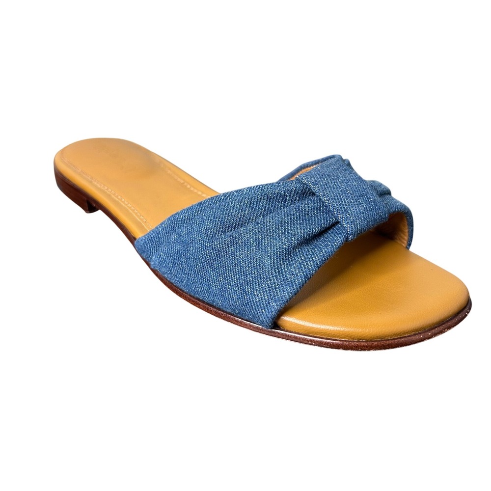 J McLaughlin Sandals  Sz 7.5 Denim Knot Slide Blue‎ Flat Leather Sole